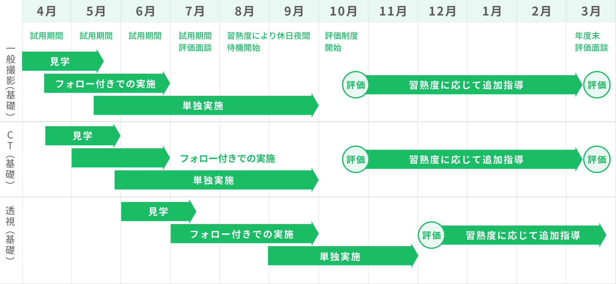 4月〜7月 使用期間　7月 評価面談　8月〜9月 習熟度により休日夜間待機開始　10月 評価制度開始　3月 年度末評価面談　一般撮影（基礎） 4月〜5月中 見学 ４月中〜６月 フォロー付きでの実施　５月中〜９月 単独実施　１０月〜３月 評価 習熟度に応じて追加指導　CT（基礎） 4月中〜5月 見学　5月〜６月 フォロー付きでの実施　５月中〜９月 単独実施　１０月〜３月 評価 習熟度に応じて追加指導　透視（基礎） 6月〜7月中 見学　7月中〜9月 フォロー付きでの実施　9月〜11月 単独実施　１2月〜３月 評価 習熟度に応じて追加指導