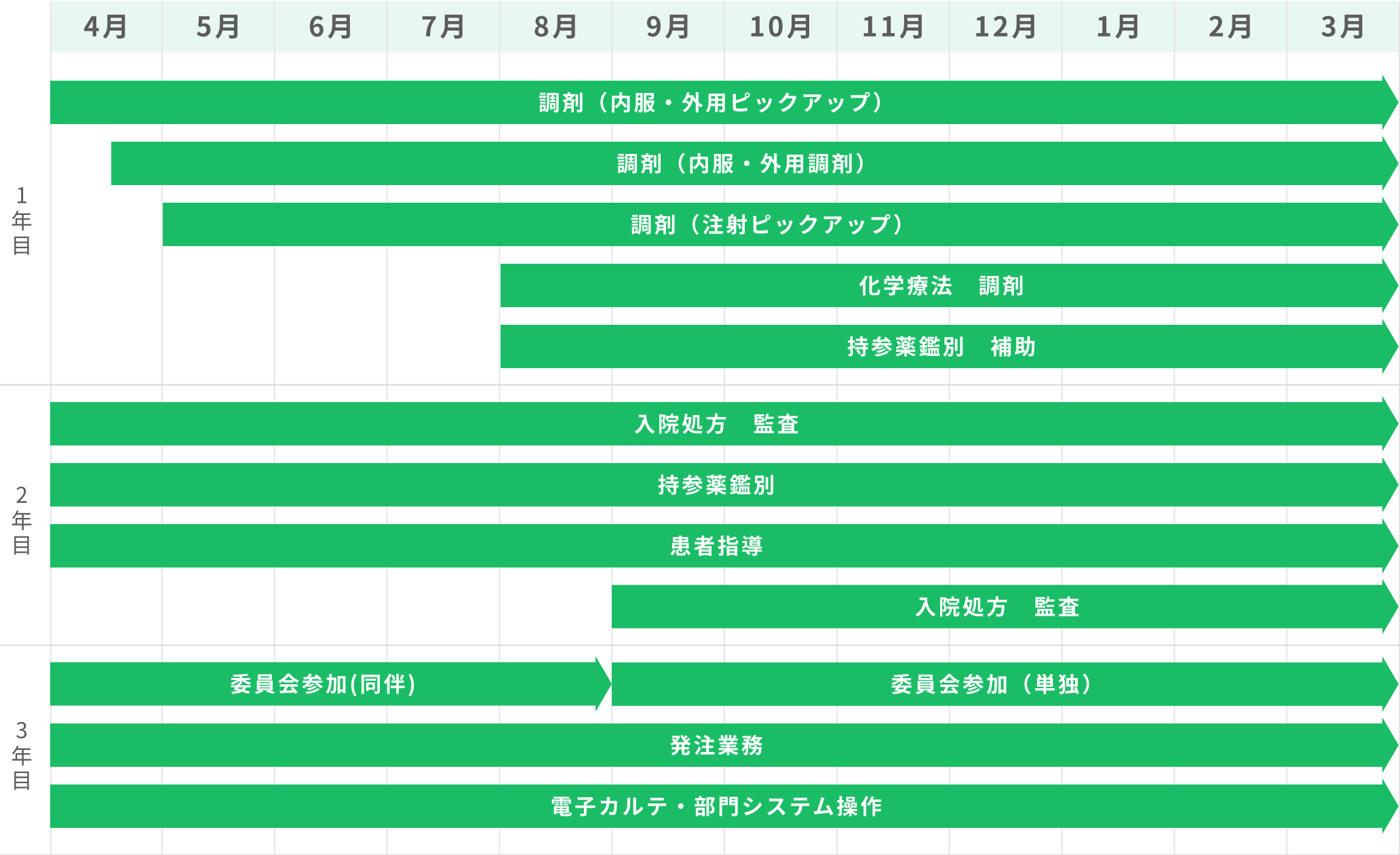 1年目 調剤（内服・外用ピックアップ）:4月〜3月 調剤（内服・外用調剤）:4月中〜3月 調剤（注射ピックアップ）:5月中〜3月 化学療法 調剤:8月中〜3月 持参薬鑑別 補助:8月中〜3月　2年目 入院処方 監査:4月〜3月 持参薬鑑別:4月〜3月 患者指導:4月〜3月 入院処方 監査:9月〜3月　3年目 委員会参加(同伴):4月〜8月 委員会参加（単独）:9月〜3月 発注業務:4月〜3月 電子カルテ・部門システム操作:4月〜3月